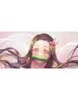 Nezuko anime desk pad 36x16 inches, featuring her starlit eyes and pink highlights, enhancing your workspace's calm ambiance.