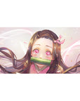 Anime desk pad featuring Nezuko's starlit eyes, pink highlights, and sparkles, measuring 40x20 inches.