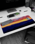 Artistic 36x16 inches mouse pad featuring a vibrant sunset with serene mountains for a tranquil, nature-inspired workspace.