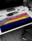 Large 40x20 inches mouse pad showcasing a vibrant sunset with fiery skies and serene mountains for a nature-inspired workspace.