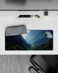 28x12 inches mouse pad with towering mountain peaks, lush forests, and serene valley for a tranquil, inspiring workspace.