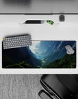 32x12 inches mouse pad featuring mountain peaks, with lush forests and serene valley for an adventurous, tranquil desk effect.