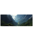 Compact 32x12 inches mouse pad with mountain peaks, lush forests, and serene valley for an inspiring, peaceful workspace vibe.
