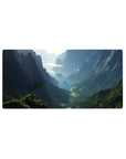 Mouse pad featuring mountain peaks, 32x16 inches, with lush forests and serene valley for a calming, adventurous workspace effect.
