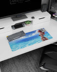 28x12 inches mouse pad showing a red-haired anime girl looking back by the sea, ponytail and arm tattoo.