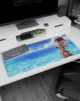 36x16 inches anime desk pad featuring red-haired girl in ponytail, teasing glance, black string bikini.