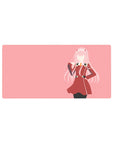 Anime mouse pad featuring Zero Two in red uniform, 32x16 inches. Minimalist design with bold pink and crisp contrast.