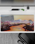 32x16 inches mouse pad with cherry blossom landscape, featuring serene snow-capped mountains, a calm river, and pink blossoms for natural elegance.