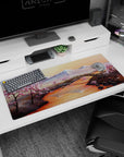 Artistic 36x16 inches desk pad featuring cherry blossom landscape, blending snow-capped mountains, a peaceful river, and pink blossoms for natural beauty.