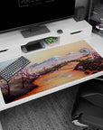 Large 40x20 inches desk pad featuring cherry blossom landscape, blending snow-capped mountains, a serene river, and delicate pink blossoms for calm.