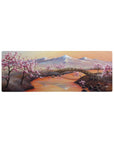 Compact 32x12 inches mouse pad with cherry blossom landscape, showcasing snow-capped mountains, a serene river, and delicate pink blossoms for a peaceful vibe.