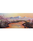 Desk pad featuring cherry blossom landscape, 36x16 inches, with snow-capped mountains, a serene river, and pink blossoms for a peaceful natural design.