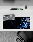 Anime mouse pad featuring Kirito from SAO in a cyberpunk style, 28x12 inches, with neon and glitchy energy.