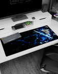Anime desk pad 36x16 inches with Sword Art Online's Kirito, neon cyberpunk design, perfect for immersive gaming.