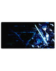 Anime mouse pad 32x16 inches featuring Kirito from Sword Art Online, cyberpunk design with neon glow and glitchy energy.