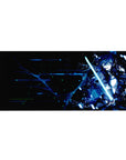 Anime desk pad 36x16 inches featuring Kirito from SAO, showcasing cyberpunk style with neon and glitchy energy.