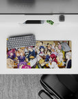 28x12 inches anime mouse pad in warm cozy tones with bright red and blue hair, lively laughter and clinking glasses.