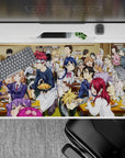 40x20 inches anime desk pad in warm, cozy tones with bold reds and blues, laughter, and clinking glasses.