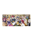 28x12 inches anime mouse pad with bustling dining hall feast scene, chefs and classmates around ramen and curry.