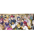 36x16 inches anime desk pad with crowded dining hall feast, chefs in uniforms, ramen and curry on wood tables.