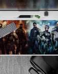 Anime desk pad 40x20 inches in fiery orange vs icy blue lighting, gritty tactical mood and sharp contrast.