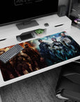 Anime desk pad 40x20 inches featuring a short-haired commander leading masked armored operatives in formation.