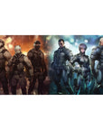 Anime desk pad 40x20 inches with armored sci-fi squad, visors, sparks, smoke, and neon edge glow.