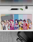 32x16 inches anime girl mouse pad with pastel stripe background, soft cel shading, playful cozy mood.