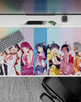 Pastel stripe anime girl mouse pad 40x20 inches, soft cel shading, playful cozy mischievous vibe.