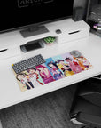 Cheeky pose anime girls on pastel stripe backdrop extended mouse pad for desk setup, 28x12 inches.