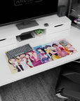 32x12 inches anime girl mouse pad featuring a lineup of mischievous girls posing on pastel stripes.