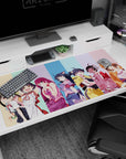 Cheeky anime girls lineup on desk pad 40x20 inches, cute poses with pastel stripes behind them.