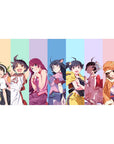 Monogatari-style anime girl desk pad 40x20 inches with lineup pose, clean studio look, crisp print.