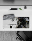 28x12 inches anime mouse pad in smoky white and steel gray with neon stained-glass flecks, calm dramatic vibe.