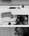 32x12 inches anime mouse pad in smoky whites and steel grays with neon stained-glass flecks, calm dramatic mood.