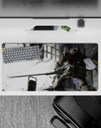 32x16 inches anime mouse pad in smoky whites and steel grays, neon stained-glass flecks, calm dramatic vibe.