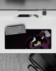 28x12 inches anime mouse pad in dark silky purples, moody shadows, sleek and slightly creepy vibe.