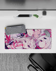 28x12 inches anime girl mouse pad in pink and crimson tones, playful cozy chaos, smooth tracking.