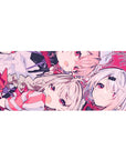 Anime girl desk pad 36x16 inches with soft linework, pale hair, ruby eyes, and cute ribbons.