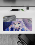 28x12 inches pastel desk mat in soft blue and lilac, cozy dreamy vibe with sparkly bokeh and petals.
