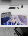 Pastel blue and lilac anime desk mat 32x12 inches with cozy dreamy vibes and soft glow.
