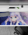 36x16 inches pastel desk pad in soft blues and lilac, cozy dreamy vibe with sparkly bokeh.