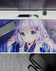 Pastel blue and lilac 40x20 inches anime desk pad with cozy dreamy vibes and soft glow bokeh.