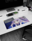 28x12 inches mouse pad featuring shy anime girl with big sapphire eyes, X hairpins, and striped yukata.