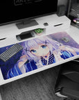 Shy anime girl with big sapphire eyes and X hairpins on a 40x20 inches desk pad amid petals.