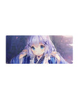28x12 inches anime girl mouse pad with pastel bokeh, drifting petals, yukata stripes, and X hairpins.