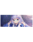 Anime girl mouse pad 32x12 inches with sparkly bokeh, drifting petals, and cute X hairpins.