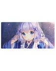 32x16 inches anime girl mouse pad with shy big-eyed girl, yukata stripes, bokeh sparkles, petals.
