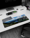 Artistic 32x12 inches mouse pad with a cliffside view, winding river, and soft clouds for a tranquil, nature-inspired workspace.
