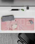 Zero Two anime mouse pad, 32x12 inches, featuring soft blush tones and pastel pink background, perfect for fans.